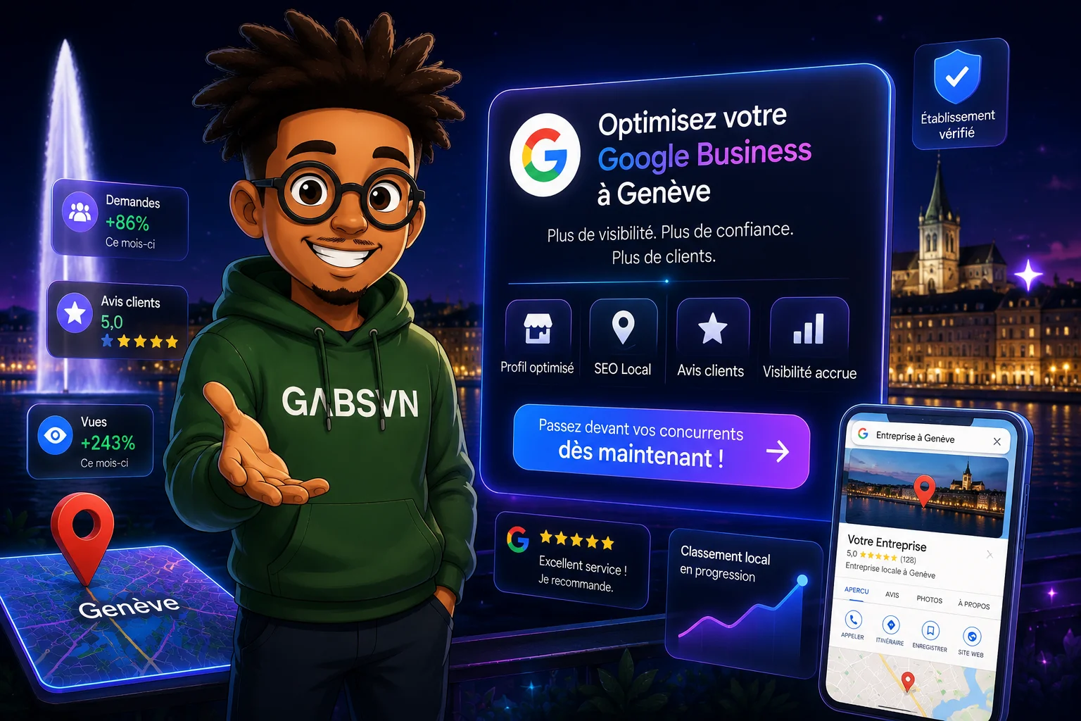 Mascotte GΛBSVN invitant à optimiser une fiche Google Business à Genève