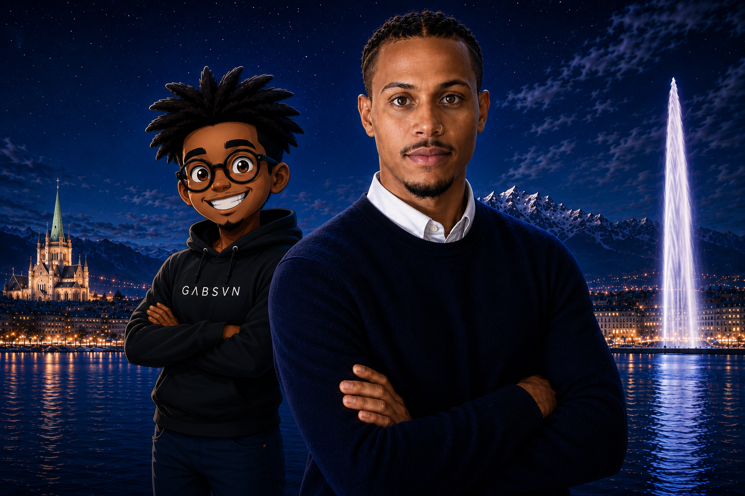 Gabriel Ferreira développeur web à Genève avec la mascotte GΛBSVN et Genève en arrière-plan