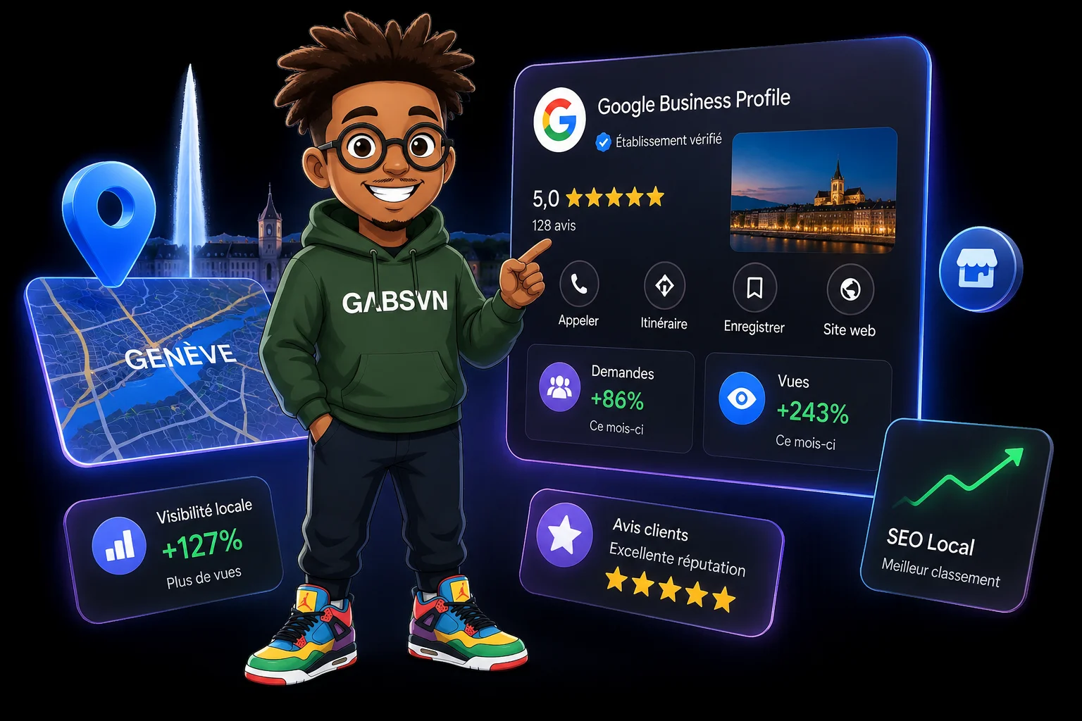 Mascotte GΛBSVN présentant une optimisation Google Business à Genève