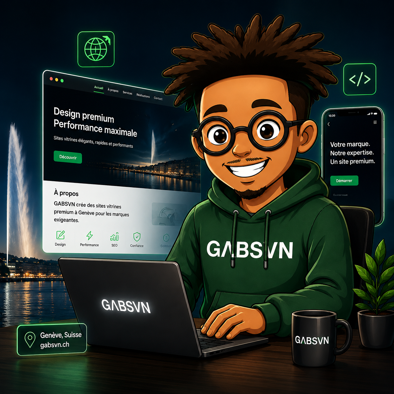 Mascotte GΛBSVN créant un site vitrine premium à Genève