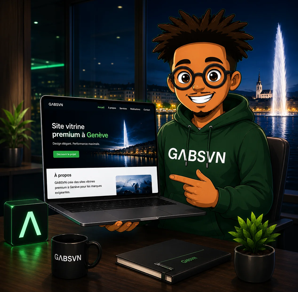 Mascotte GΛBSVN présentant un site vitrine premium à Genève