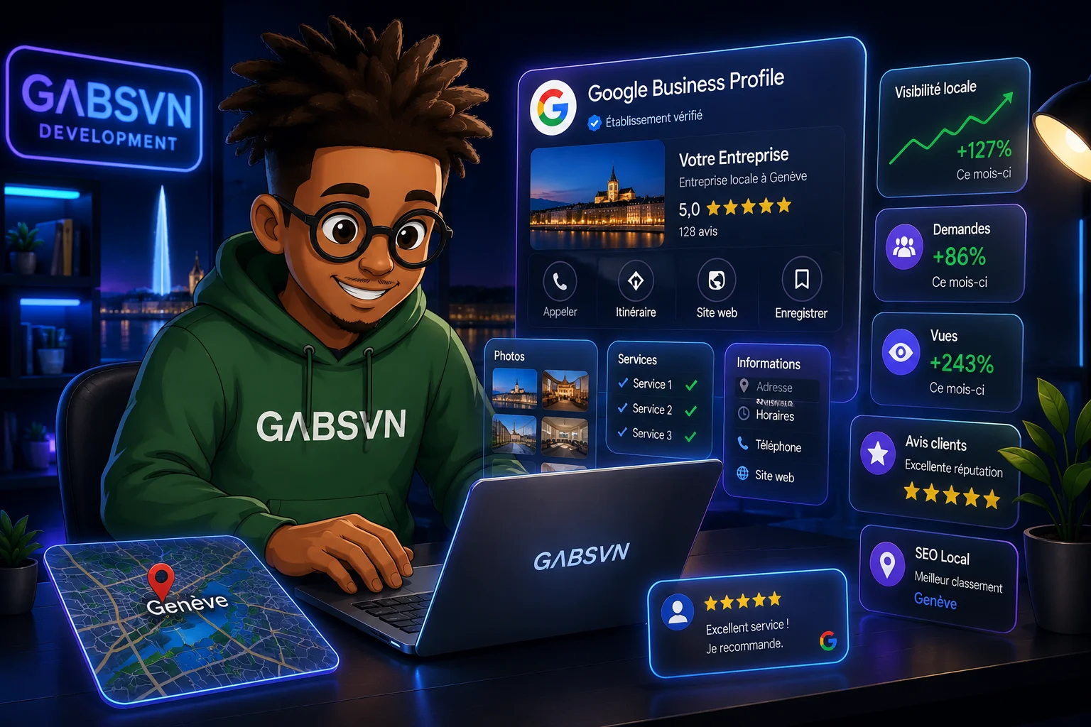 Mascotte GΛBSVN optimisant une fiche Google Business à Genève