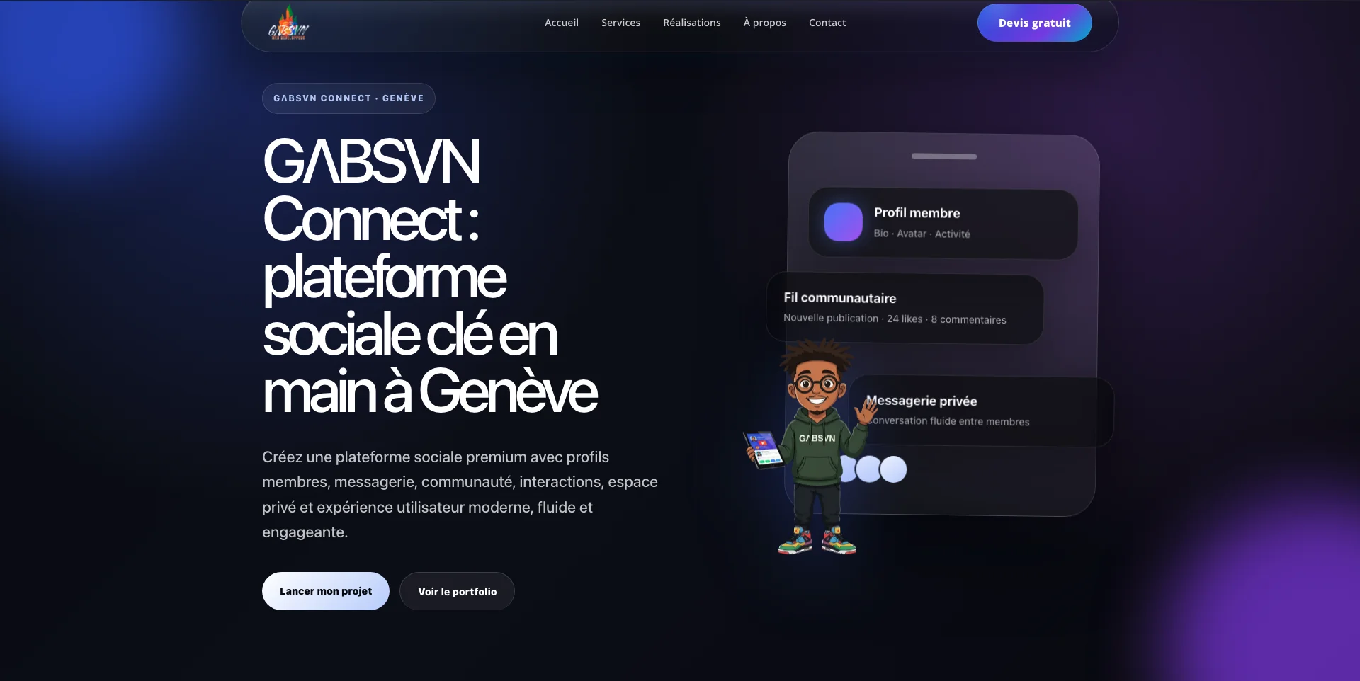 Capture réelle de GΛBSVN Connect plateforme sociale clé en main